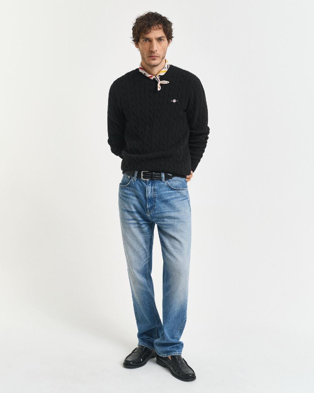 Gant Cotton Cable Knit Crew Neck Sweater Black