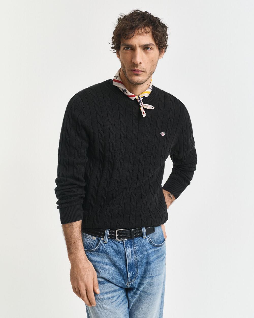 gant Cotton Cable Knit Crew Neck Sweater black