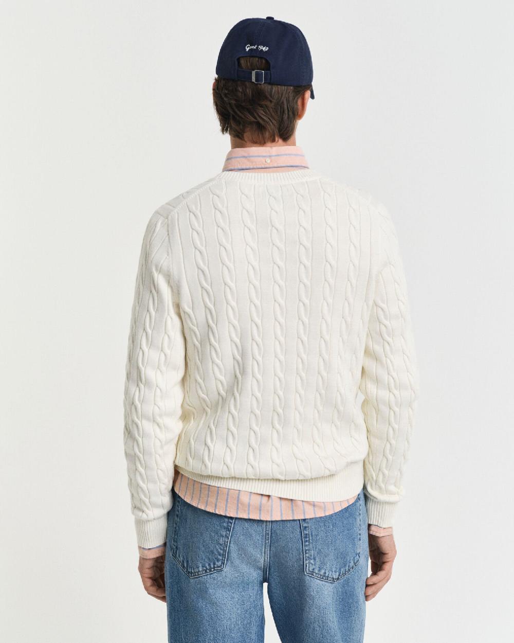 Gant Cotton Cable Knit Crew Neck Sweater Cream