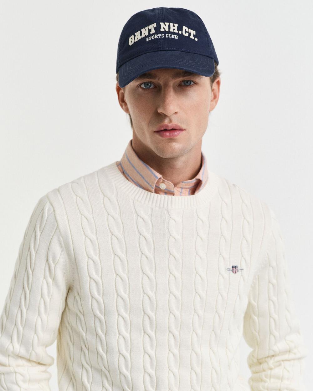 Gant Cotton Cable Knit Crew Neck Sweater Cream