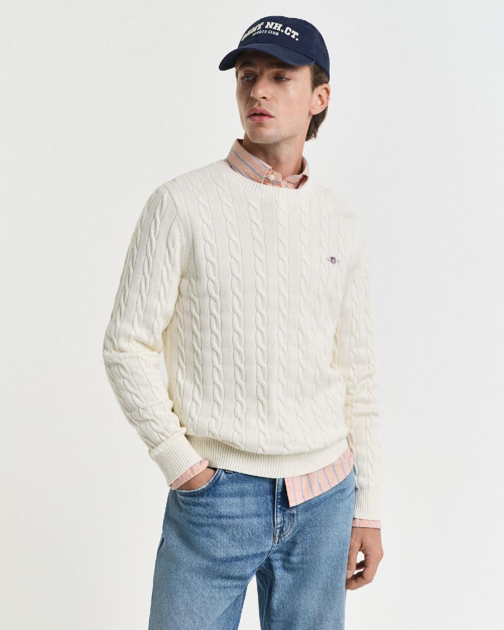 gant Cotton Cable Knit Crew Neck Sweater cream