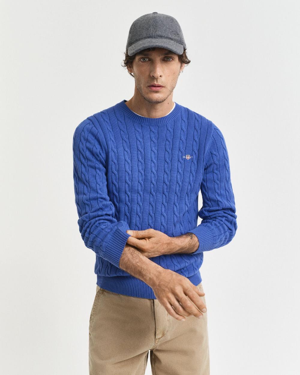 gant Cotton Cable Knit Crew Neck Sweater rich blue