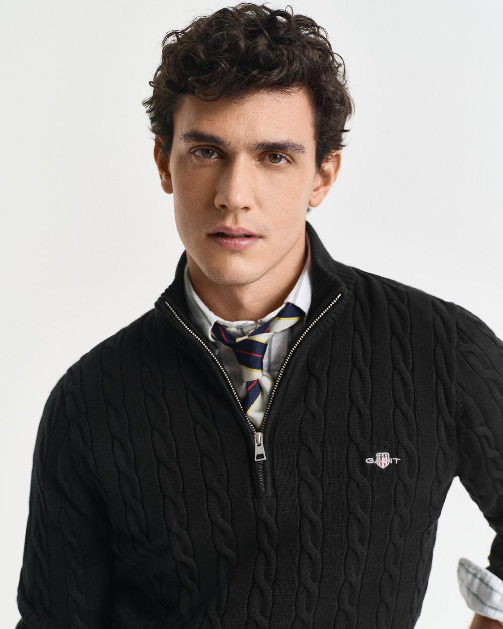 Gant Cotton Cable Knit Half-Zip Sweater Black