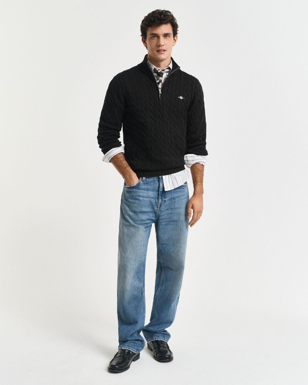 Gant Cotton Cable Knit Half-Zip Sweater Black