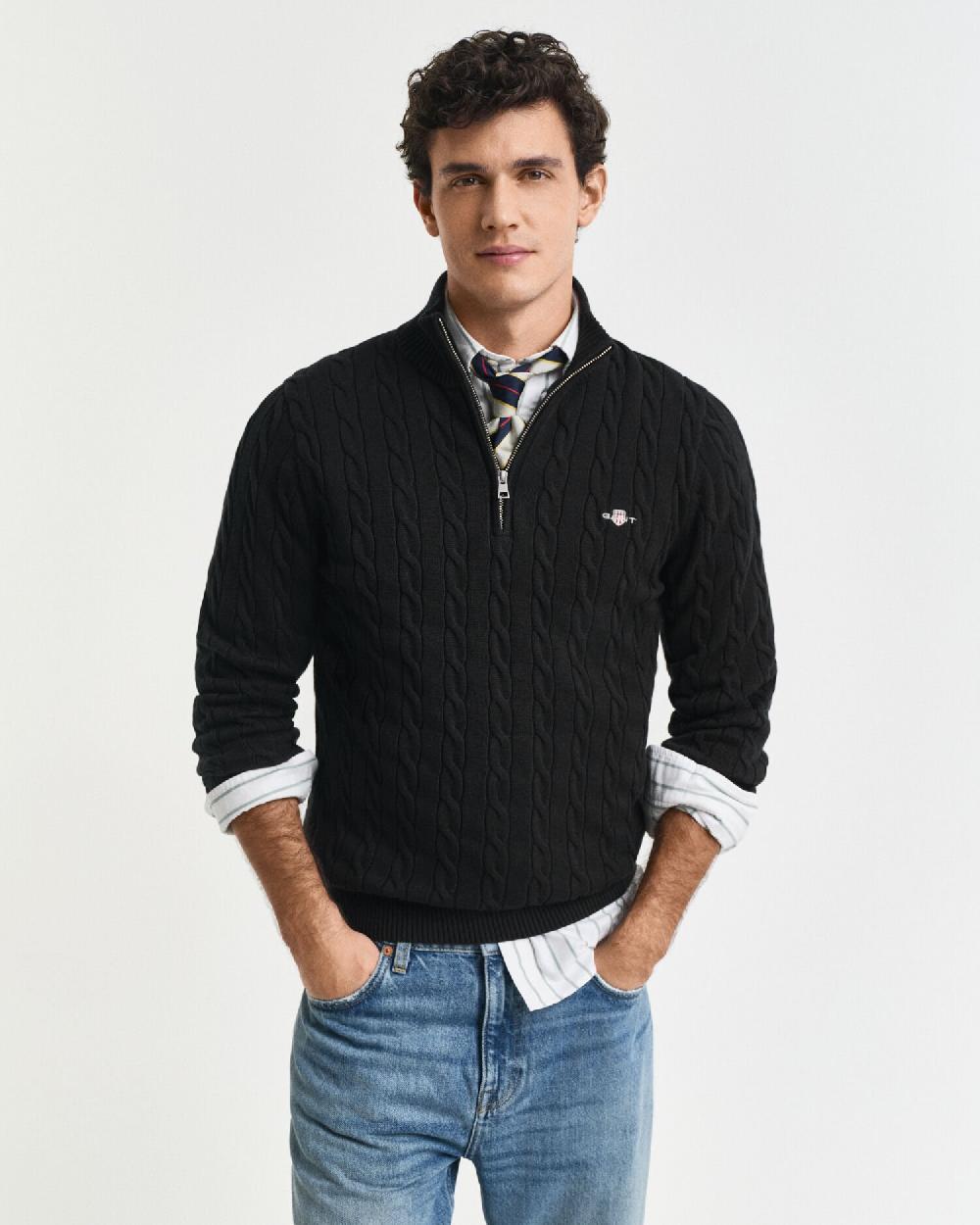 gant Cotton Cable Knit Half-Zip Sweater black