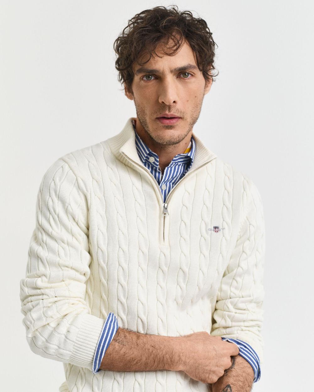 Gant Cotton Cable Knit Half-Zip Sweater Cream
