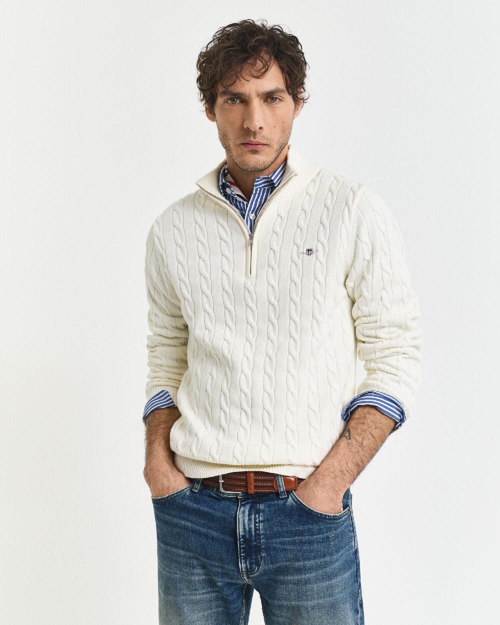 gant Cotton Cable Knit Half-Zip Sweater cream
