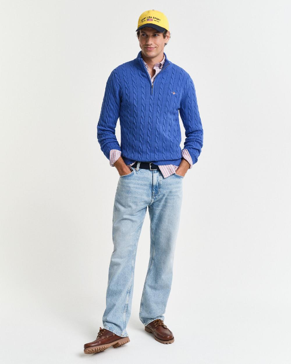 Gant Cotton Cable Knit Half-Zip Sweater Rich Blue