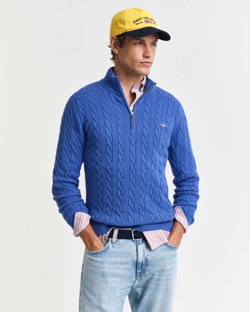gant Cotton Cable Knit Half-Zip Sweater rich blue