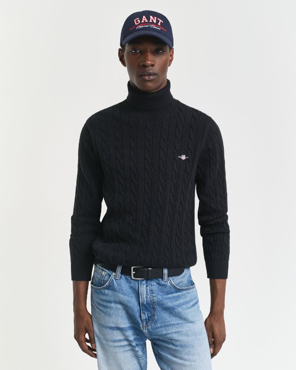 gant Cotton Cable Knit Turtleneck Sweater black