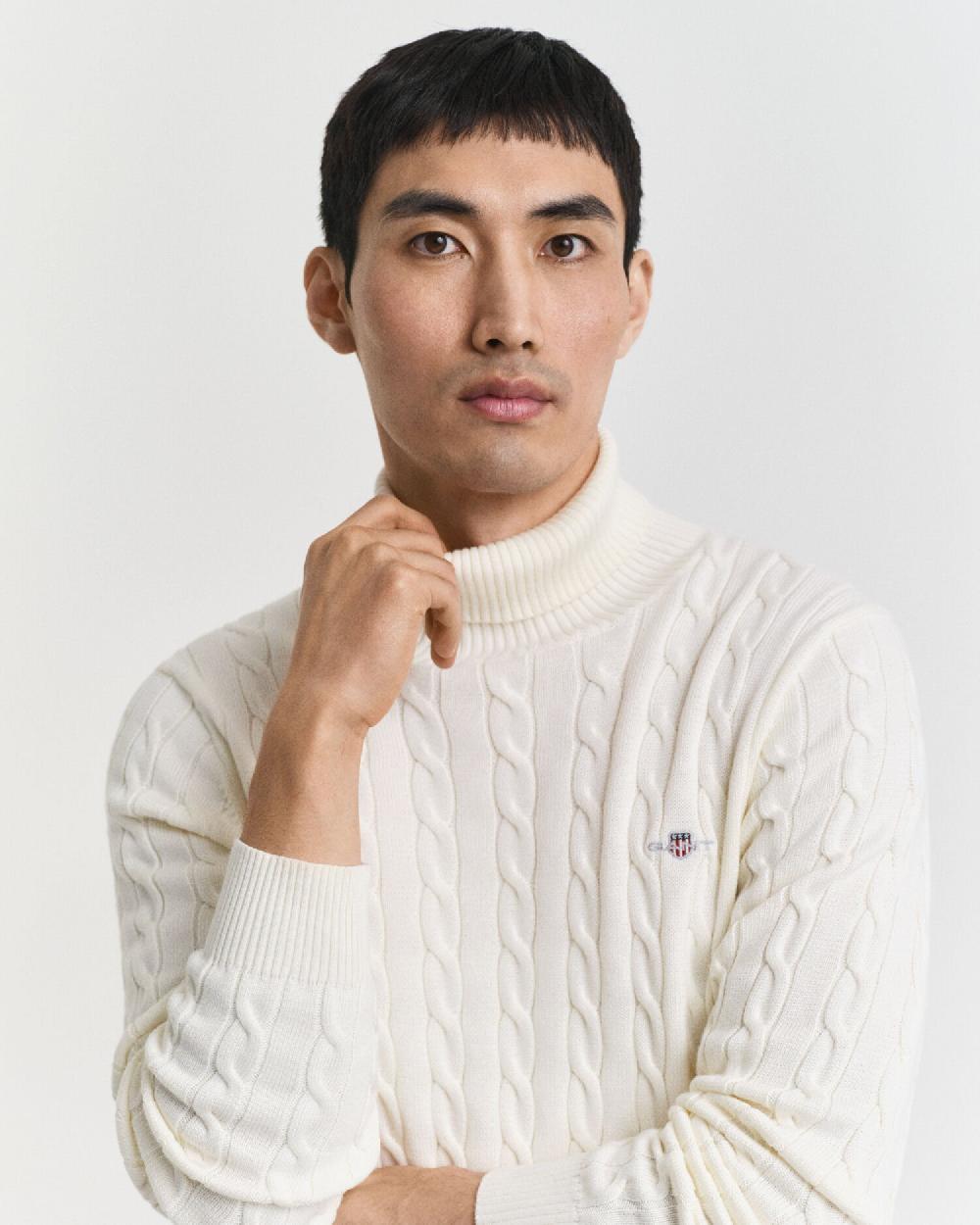 Gant Cotton Cable Knit Turtleneck Sweater Cream