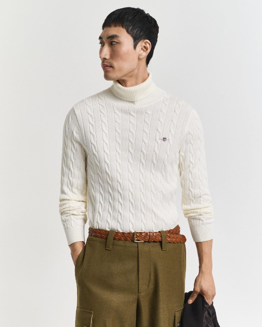 gant Cotton Cable Knit Turtleneck Sweater cream