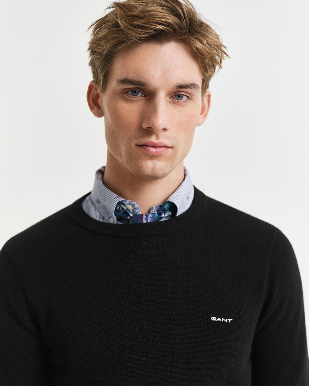 Gant Cotton Piqué Crew Neck Sweater Black