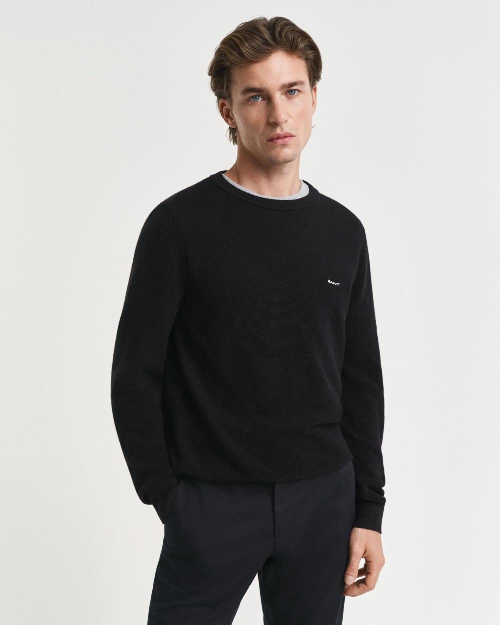 gant Cotton Piqué Crew Neck Sweater black