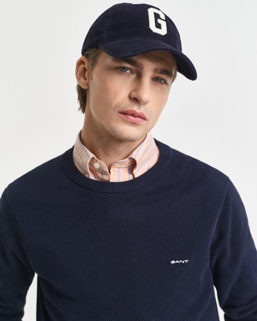 Gant Cotton Piqué Crew Neck Sweater Evening Blue