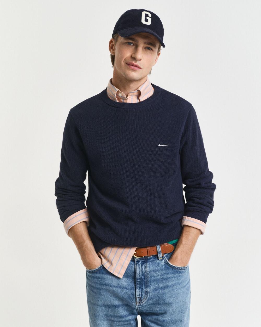 gant Cotton Piqué Crew Neck Sweater evening blue