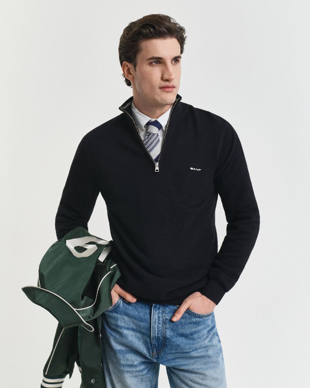 gant Cotton Piqué Half-Zip Sweater black