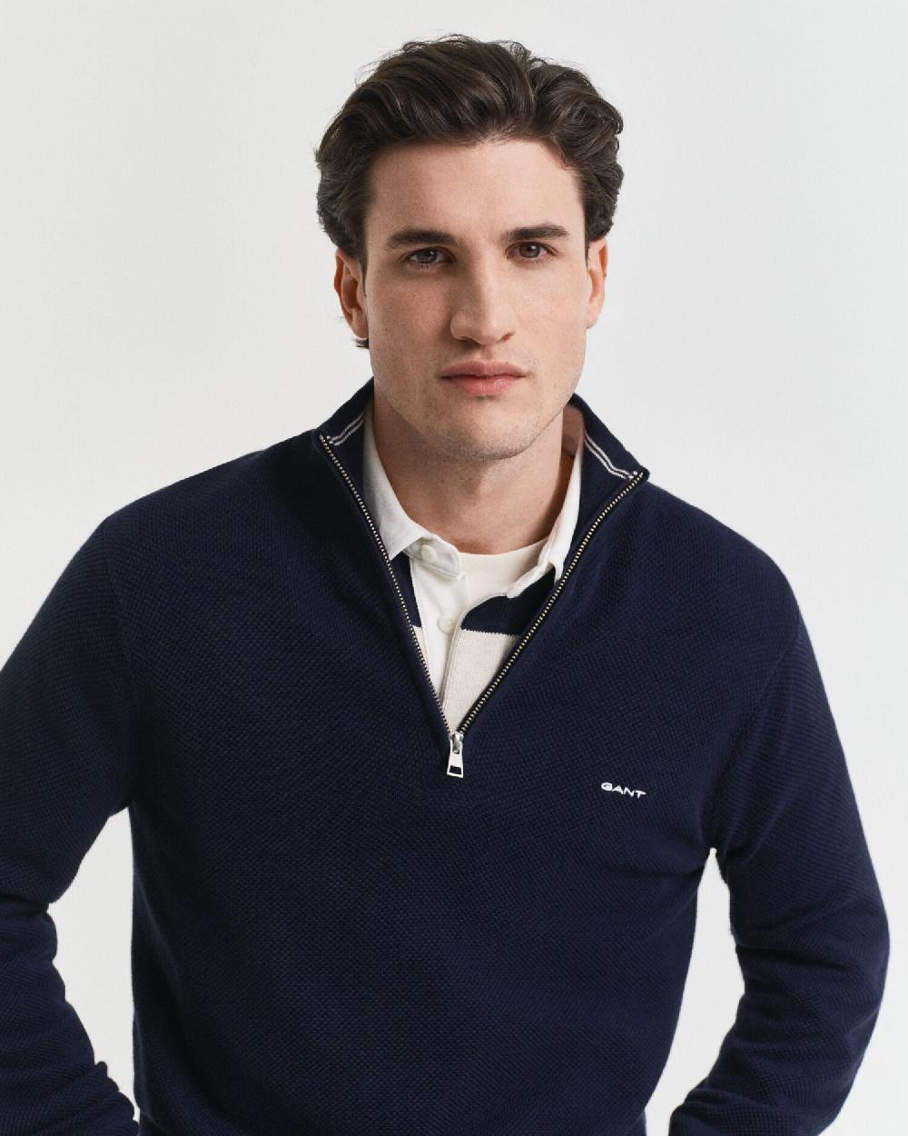 Gant Cotton Piqué Half-Zip Sweater Evening Blue