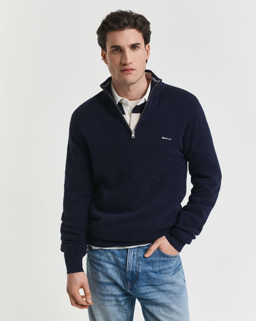 gant Cotton Piqué Half-Zip Sweater evening blue