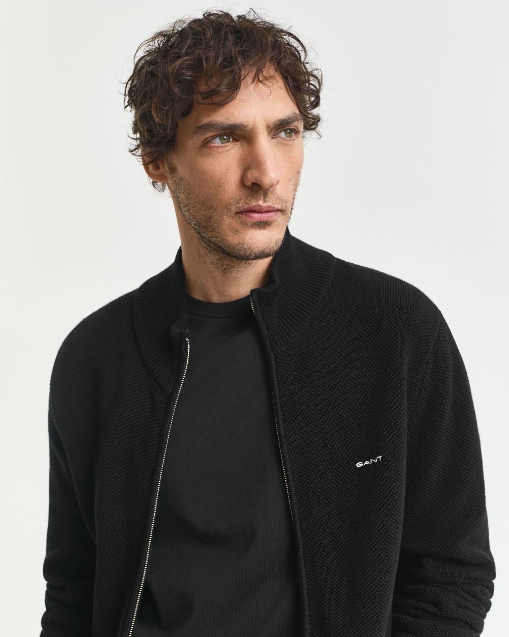 Gant Cotton Piqué Zip Cardigan Black