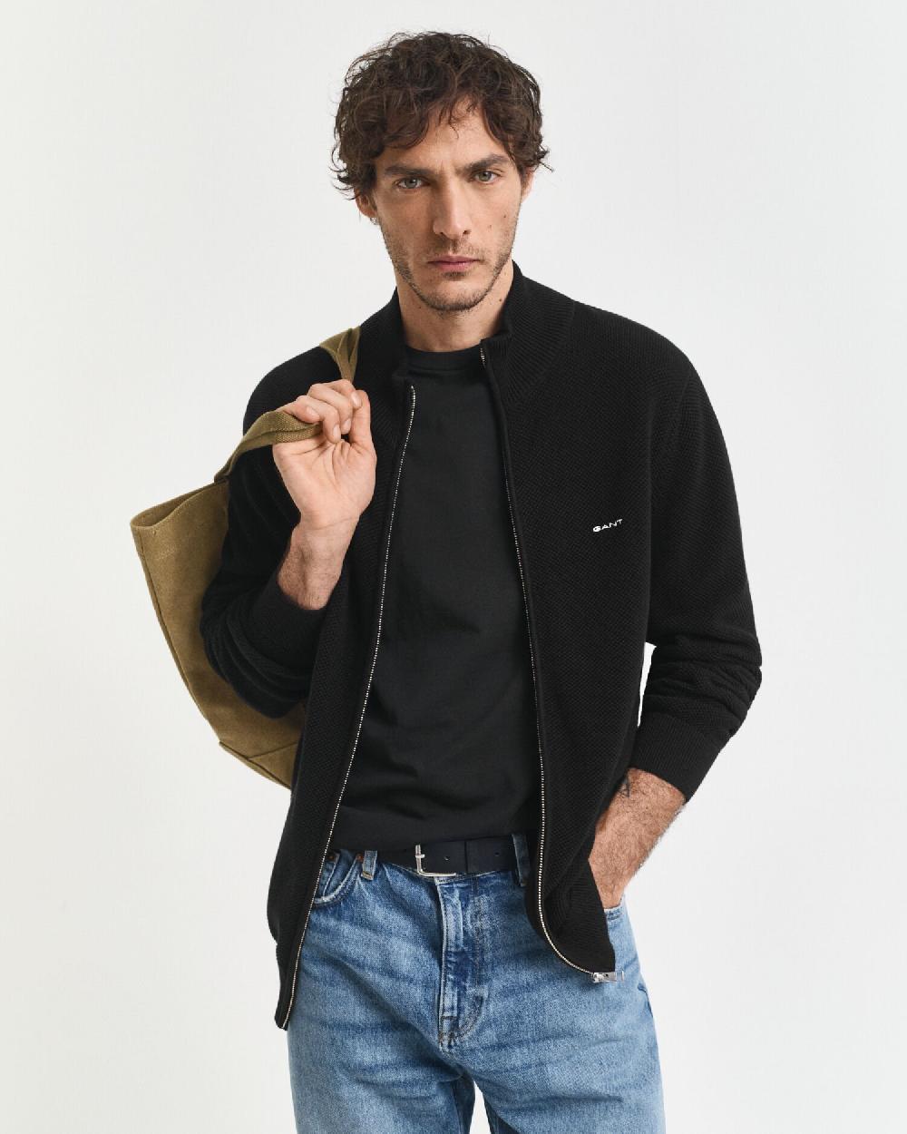 gant Cotton Piqué Zip Cardigan black