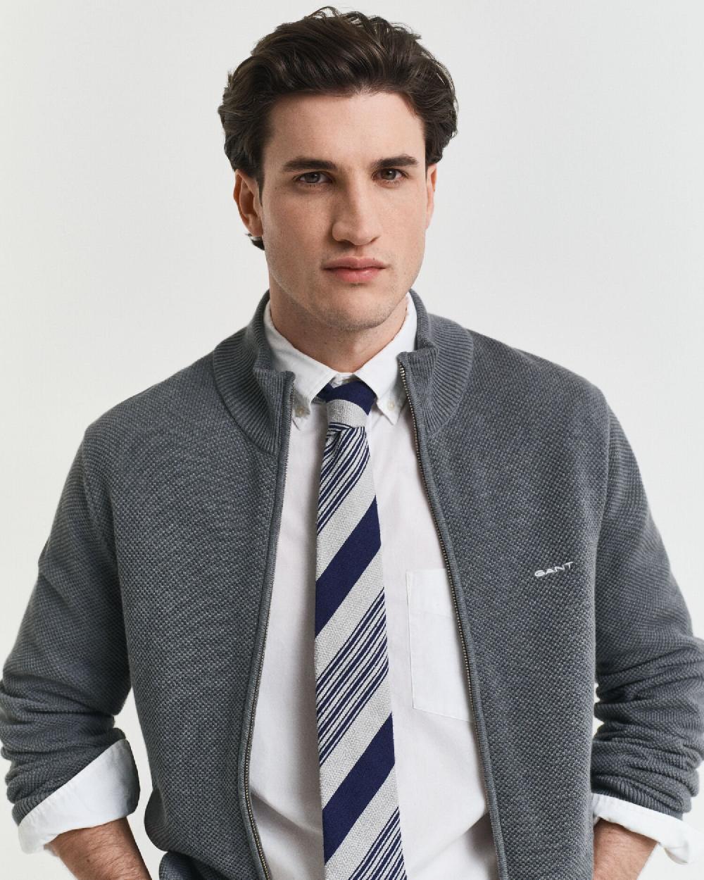 Gant Cotton Piqué Zip Cardigan Dark Grey Melange