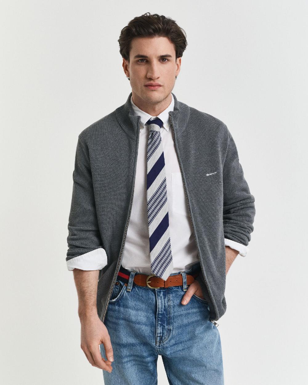 gant Cotton Piqué Zip Cardigan dark grey melange