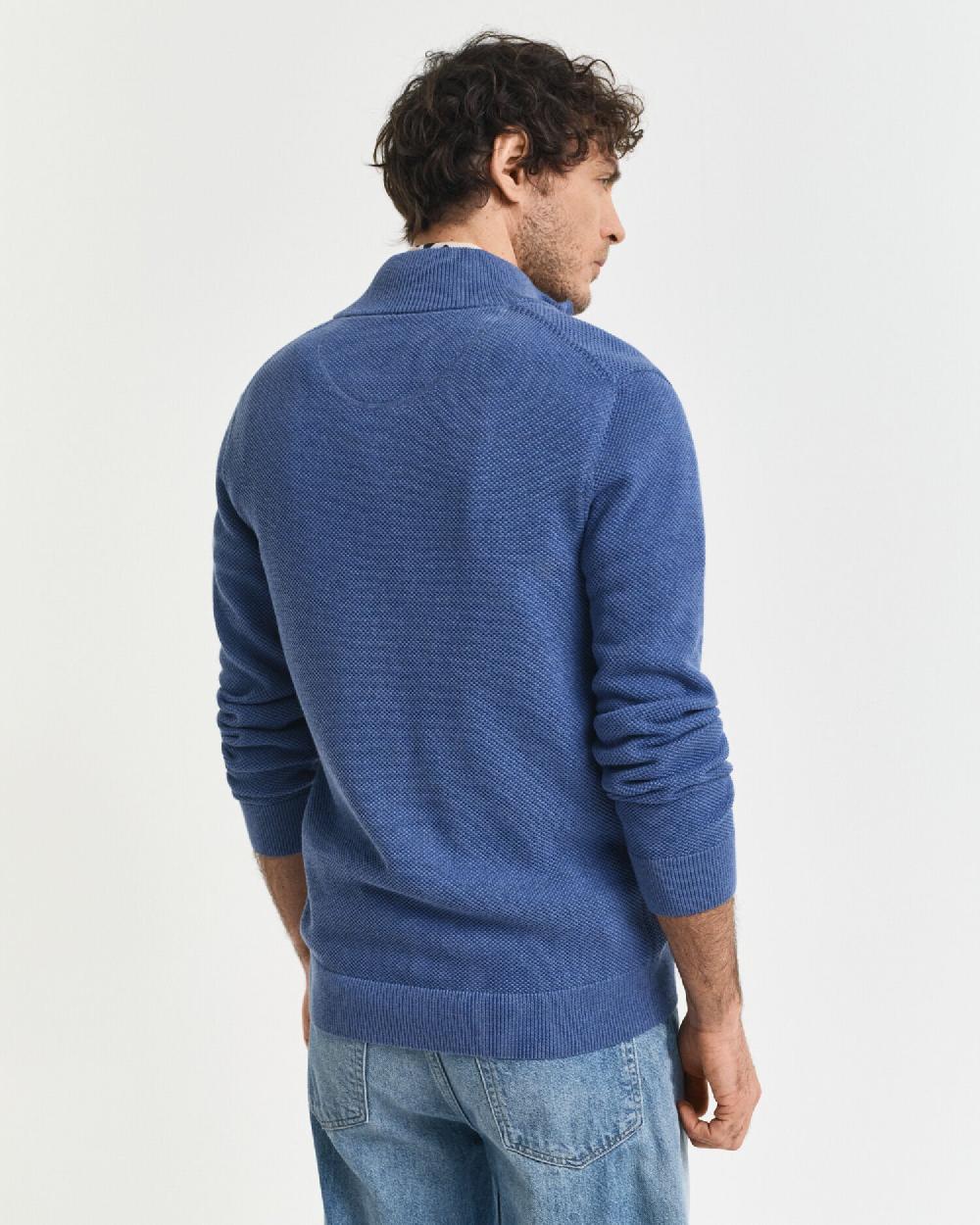 Gant Cotton Piqué Zip Cardigan Denim Blue Melange