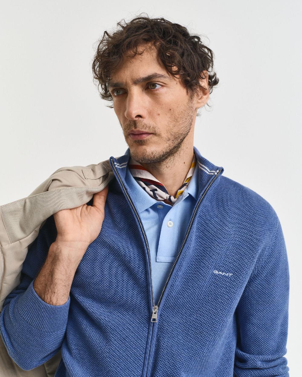 Gant Cotton Piqué Zip Cardigan Denim Blue Melange