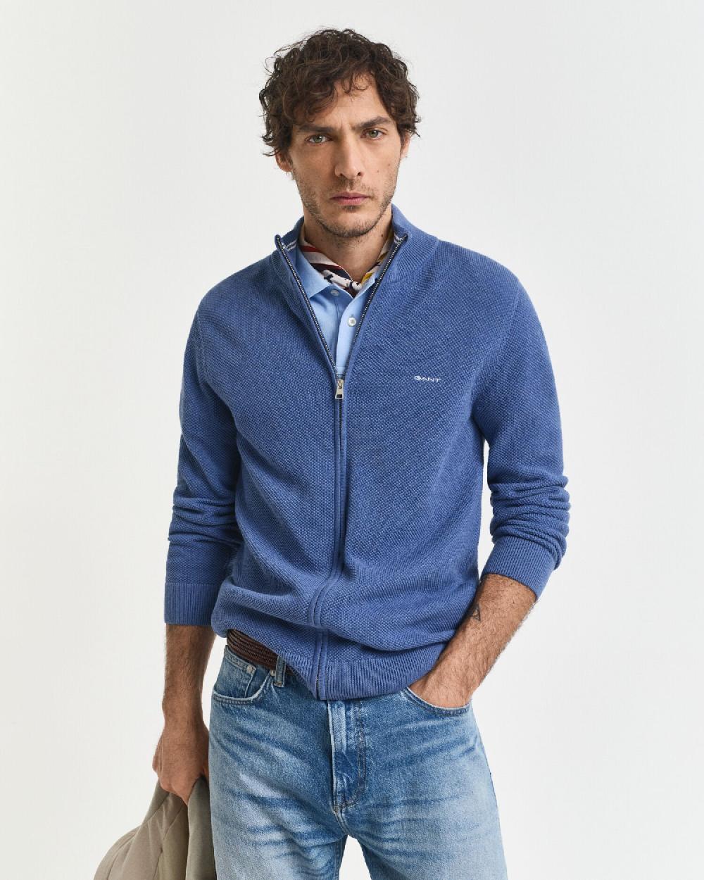 gant Cotton Piqué Zip Cardigan denim blue melange