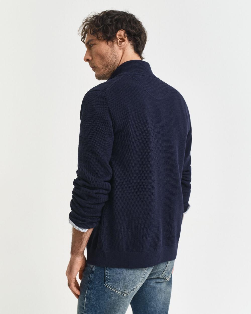 Gant Cotton Piqué Zip Cardigan Evening Blue