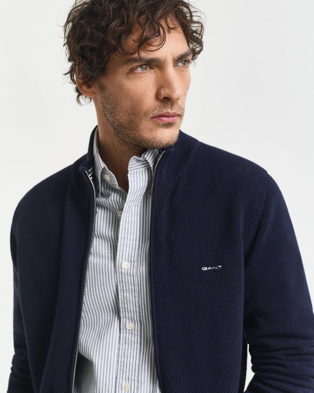 Gant Cotton Piqué Zip Cardigan Evening Blue