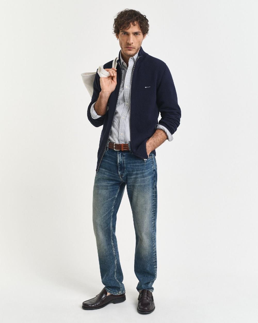 Gant Cotton Piqué Zip Cardigan Evening Blue
