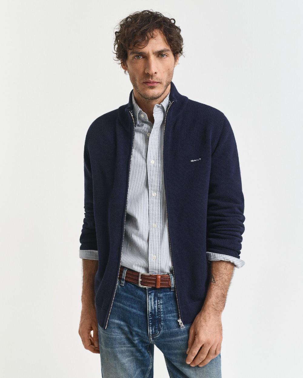 gant Cotton Piqué Zip Cardigan evening blue