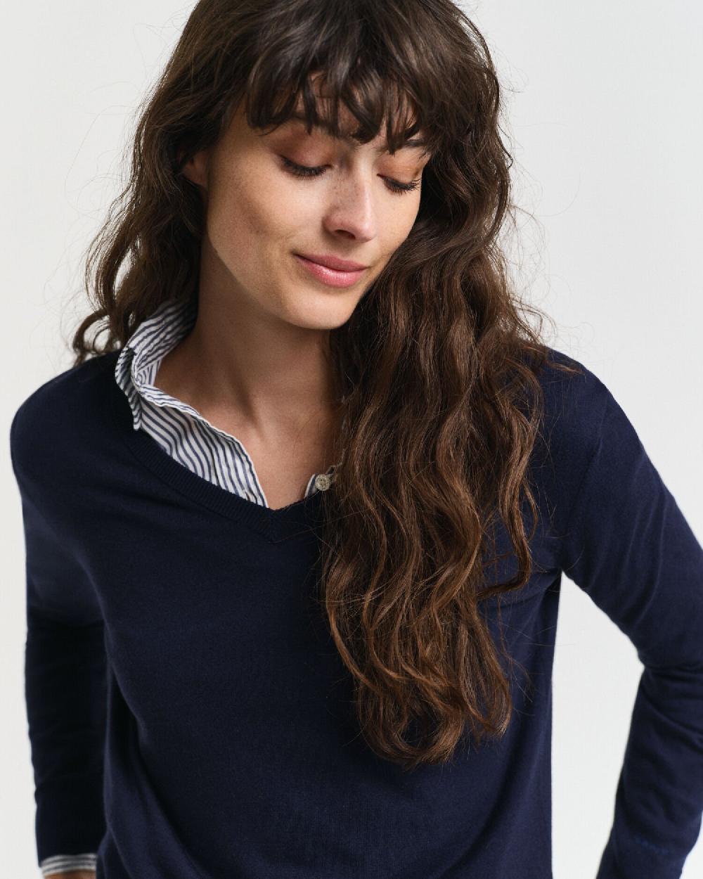 Gant Fine Knit V-Neck Sweater Evening Blue