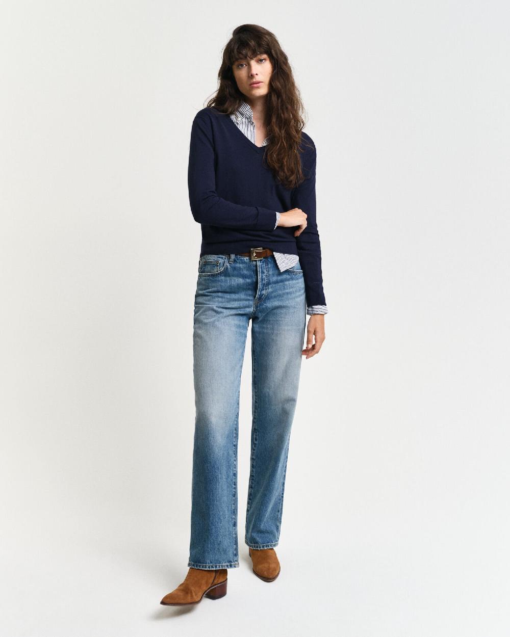 Gant Fine Knit V-Neck Sweater Evening Blue
