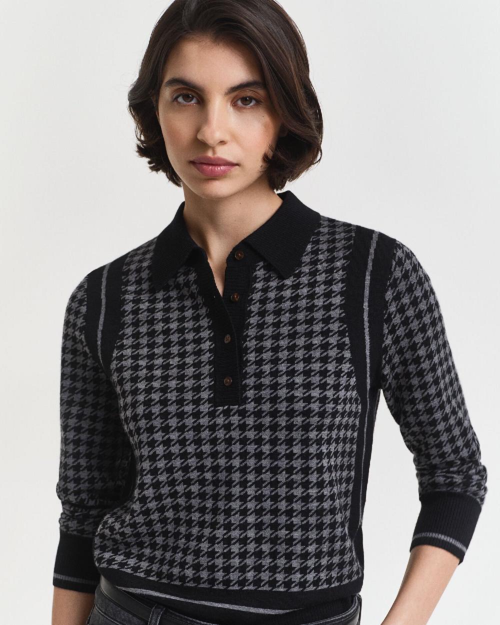 Gant Houndstooth Jacquard Polo Sweater Black