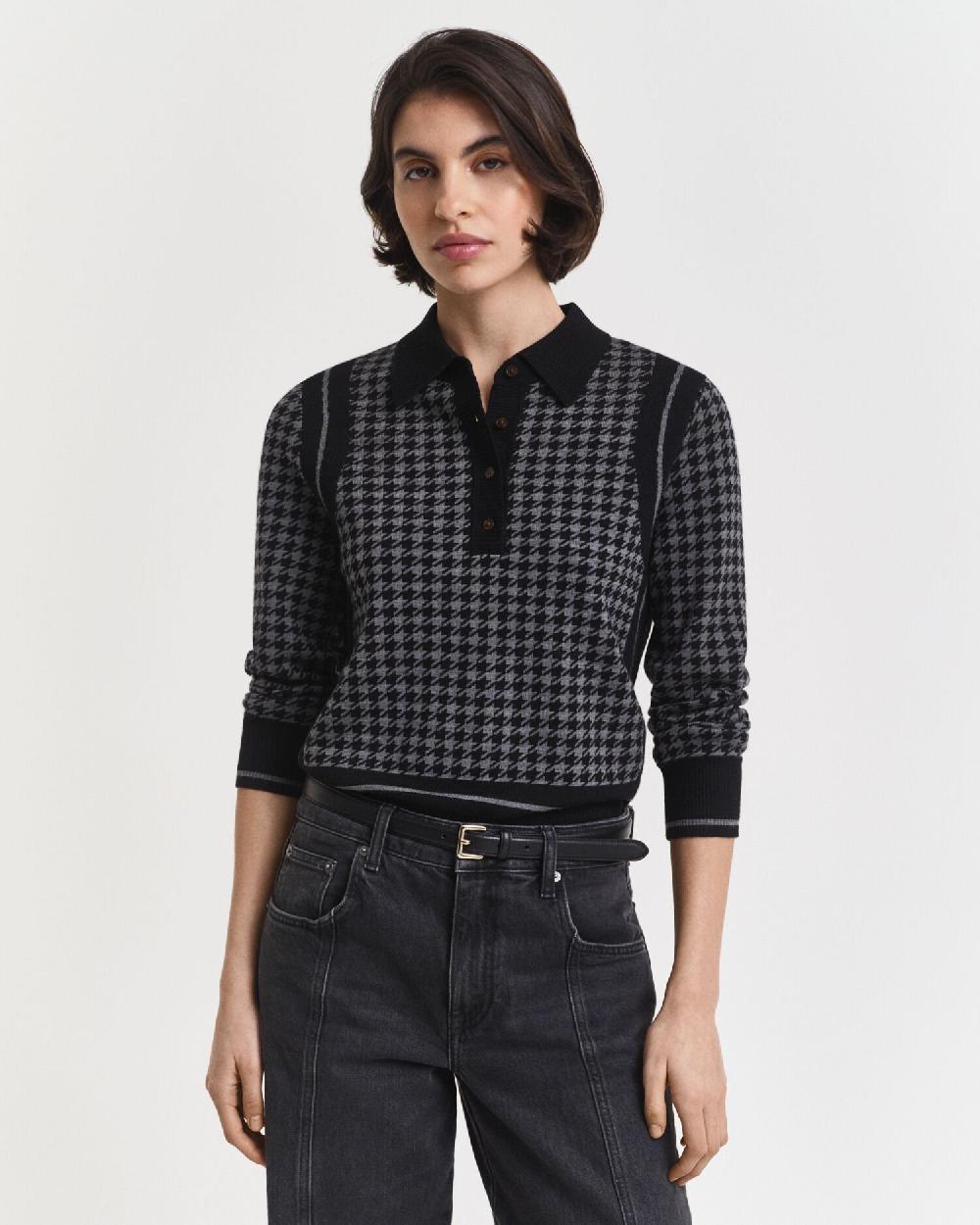 gant Houndstooth Jacquard Polo Sweater black