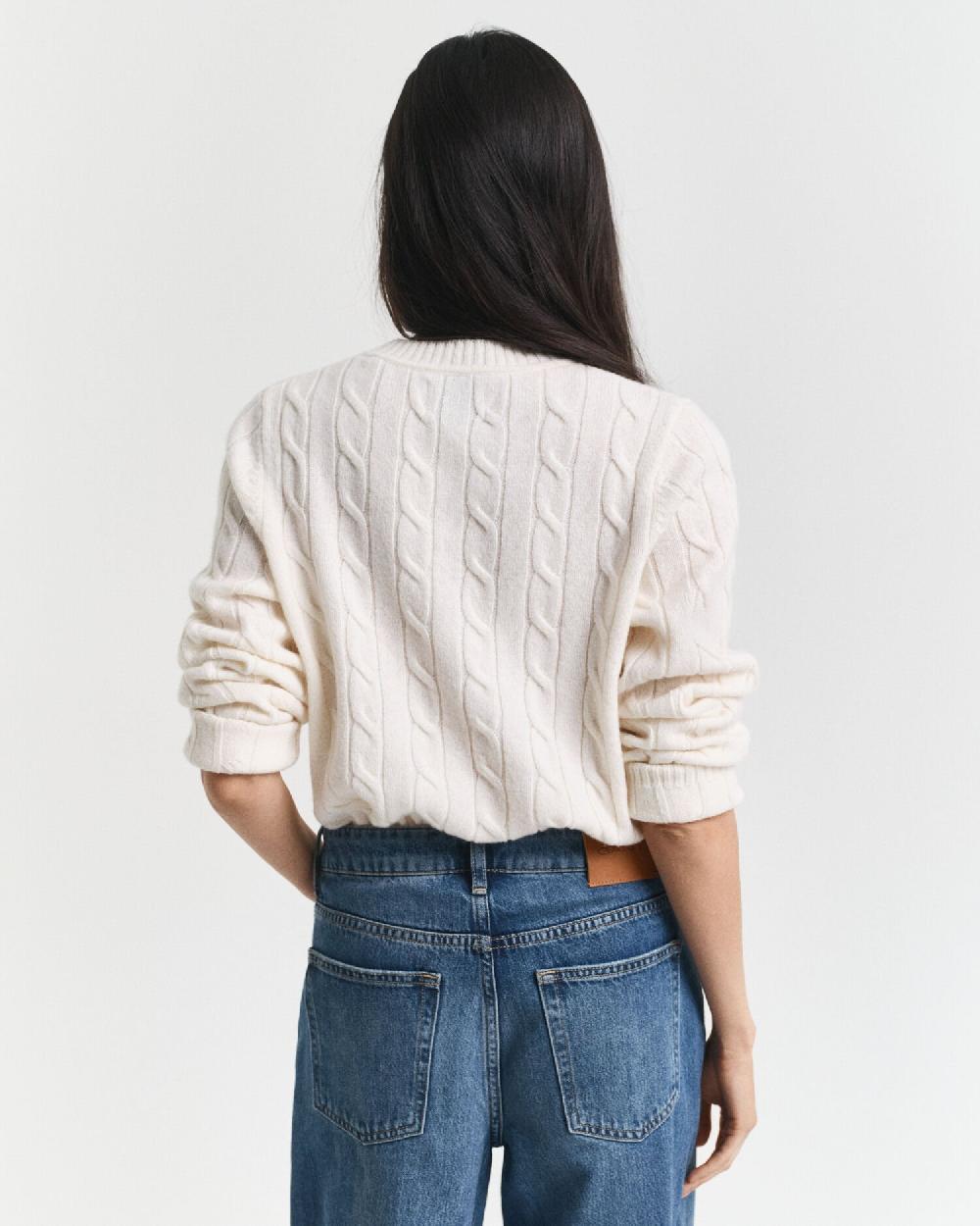 Gant Lambswool Cable Knit Crew Neck Sweater Cream