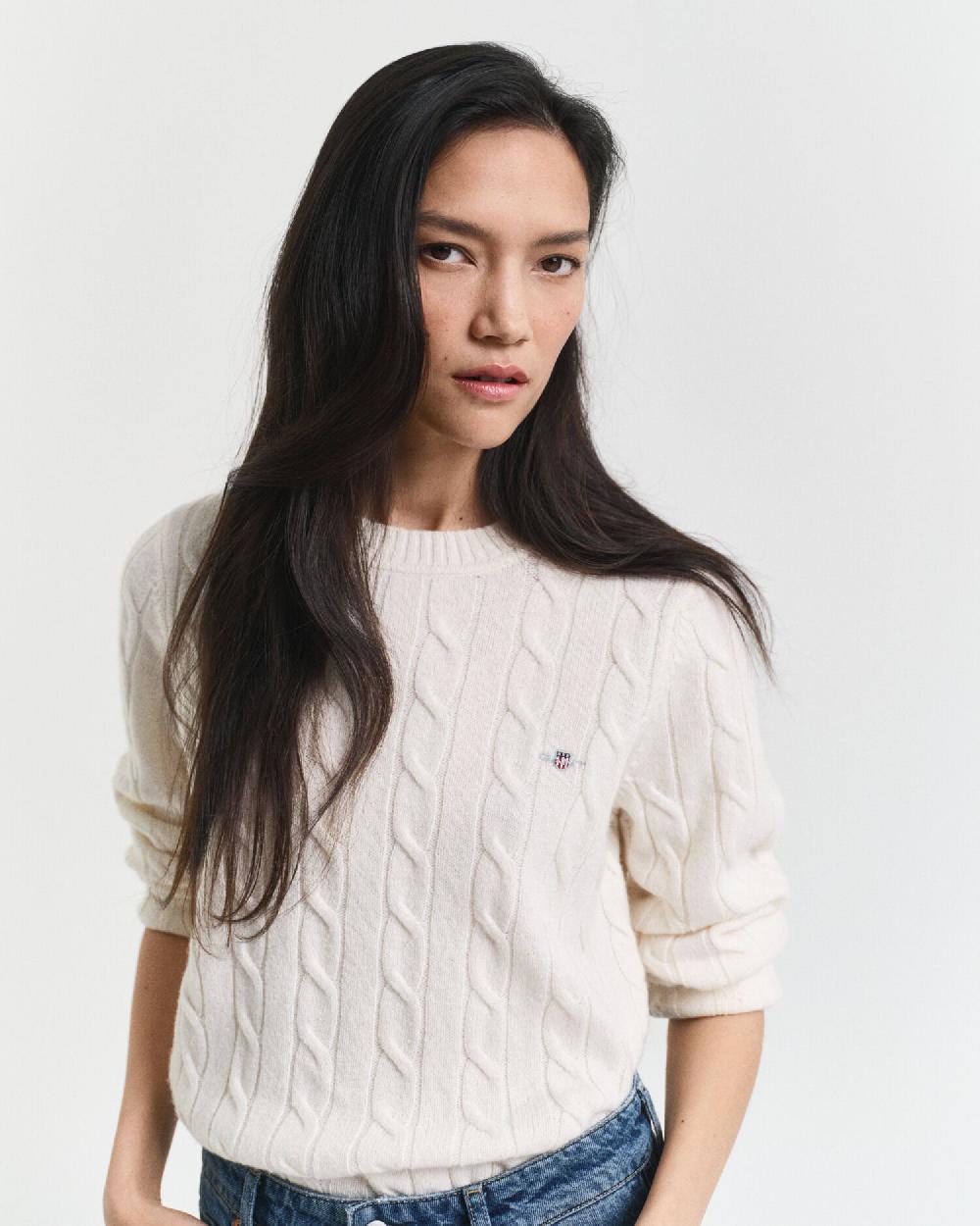 Gant Lambswool Cable Knit Crew Neck Sweater Cream
