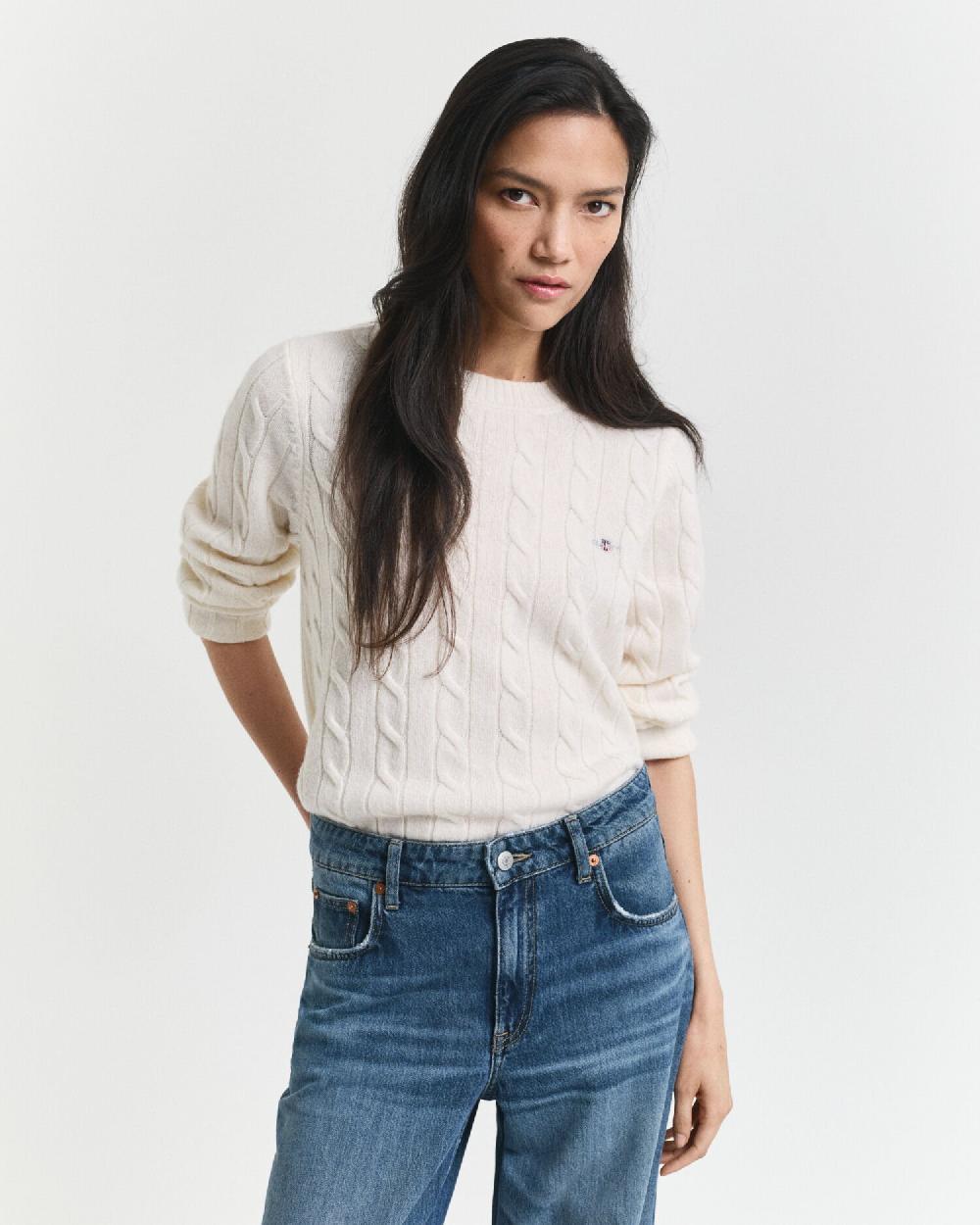 gant Lambswool Cable Knit Crew Neck Sweater cream