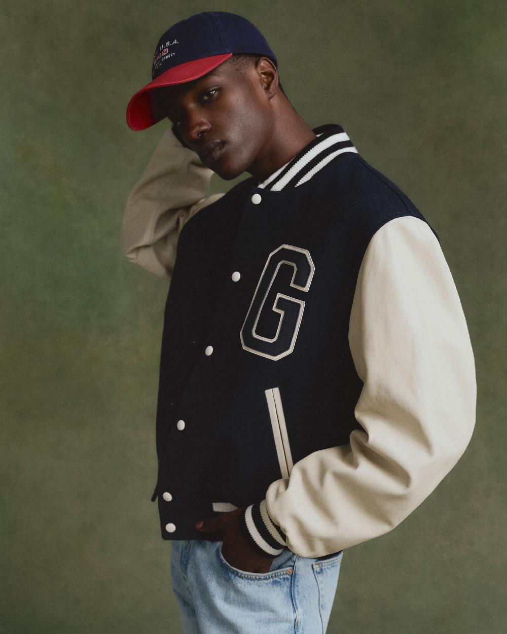 Gant Leather Mix Varsity Jacket Navy
