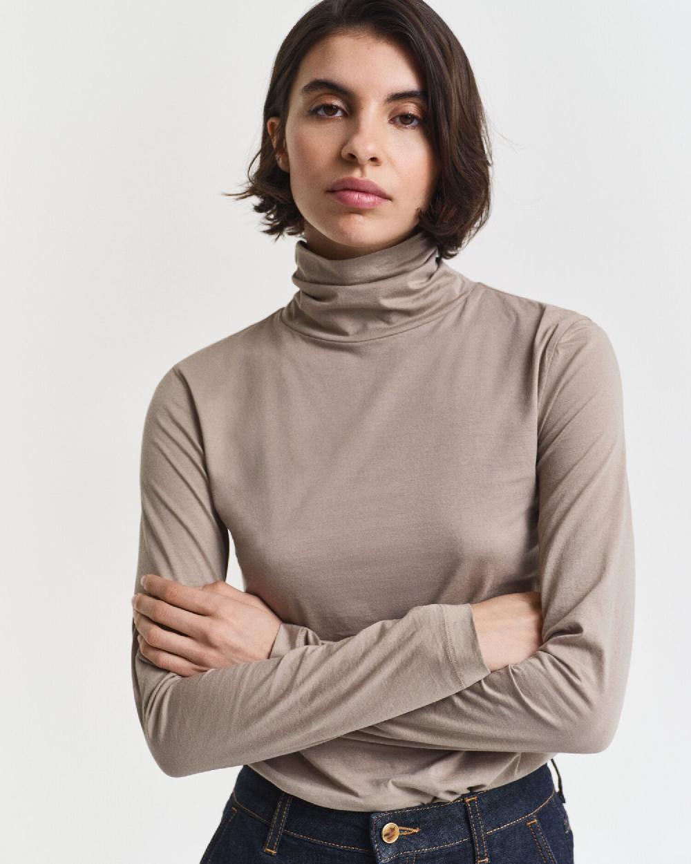 Gant Lightweight Cotton Turtleneck Top Taupe Beige