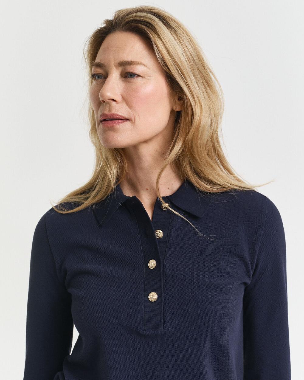 Gant Long Sleeve Piqué Polo Shirt Evening Blue