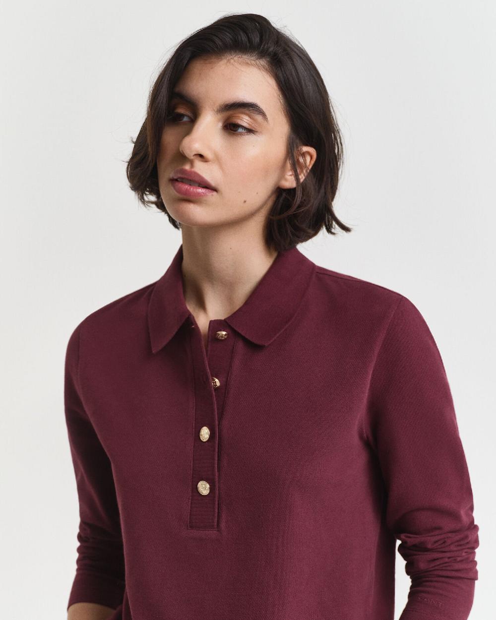 Gant Long Sleeve Piqué Polo Shirt Plum Wine