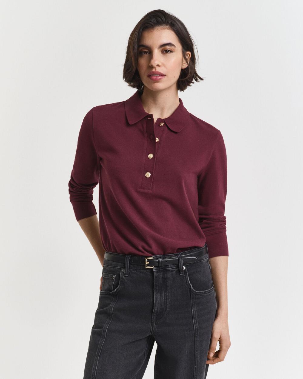 gant Long Sleeve Piqué Polo Shirt plum wine