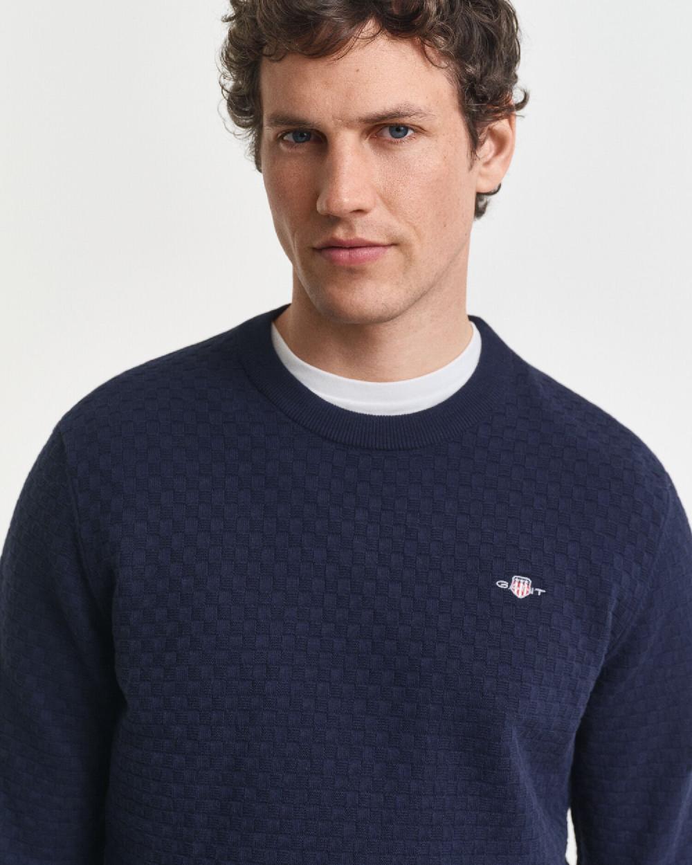 Gant Micro Textured Crew Neck Sweater Evening Blue
