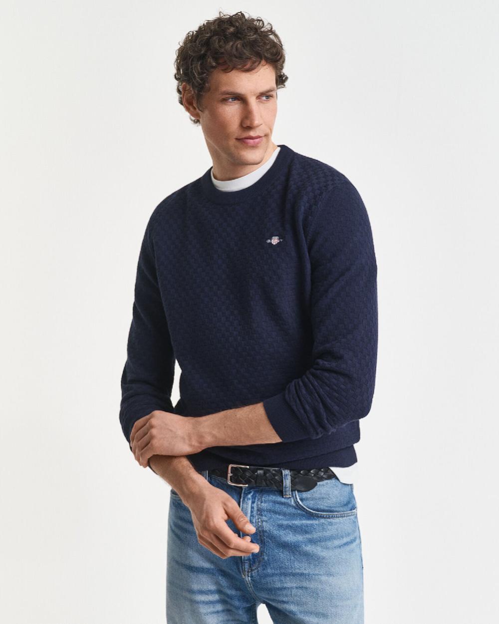 gant Micro Textured Crew Neck Sweater evening blue