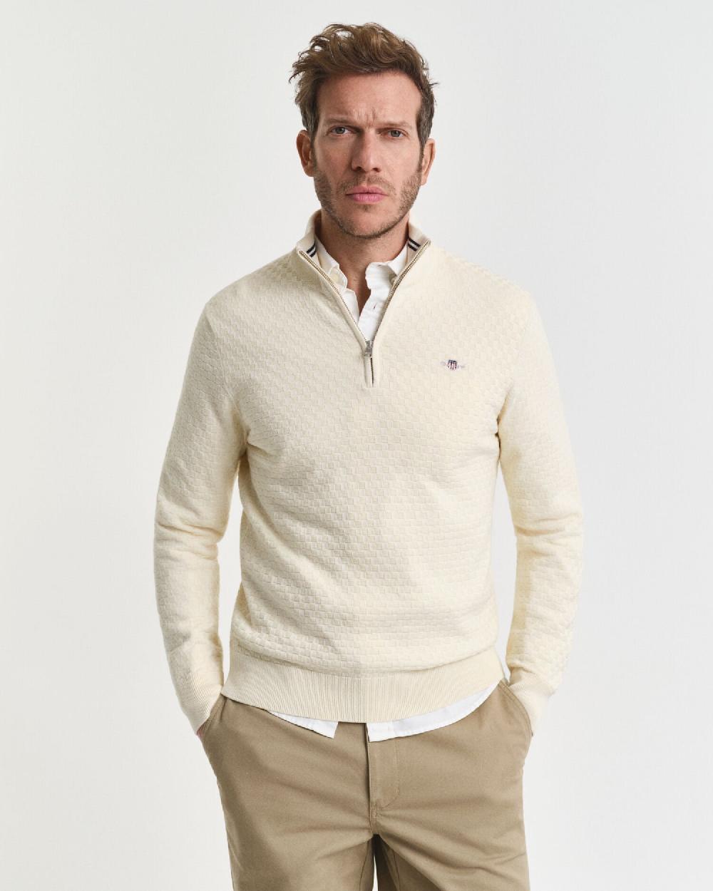 Gant Micro Textured Half-Zip Sweater Cream