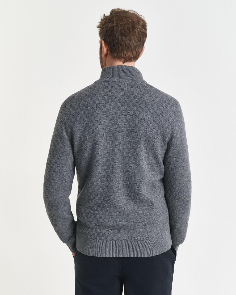Gant Micro Textured Zip Sweater Dark Grey Melange
